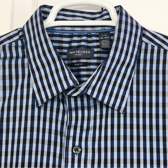 Van Heusen Flex Slim Fit Blue Check Plaid Button Down Shirt - Picture 3 of 16